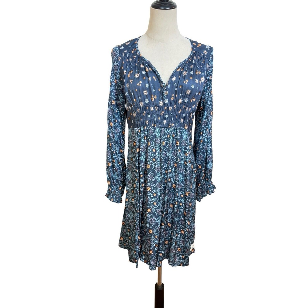 Odd Molly Dress Blue Floral Paisley‎ Sz 1 Smocked Boho Cottagecore Fairy Silky